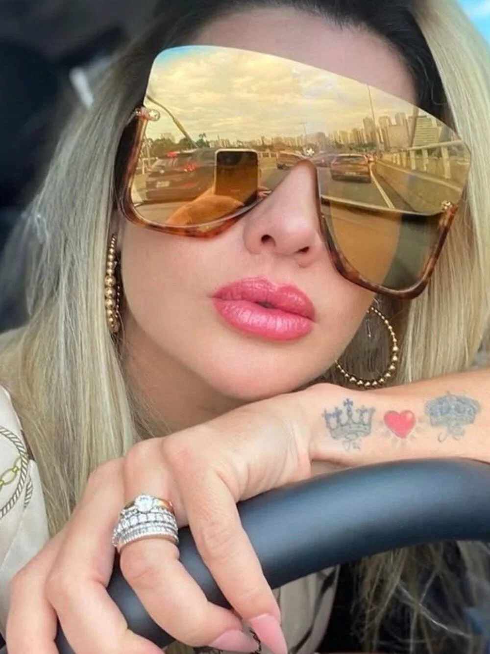 Gucci GG0540S 004 Shield Sunglasses - Beige/Gold\ Orange Mirror